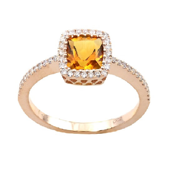 Color Sensations 6MM Cushion Citrine and Diamond Gem Stone Halo Ring in 14KT Rose Gold