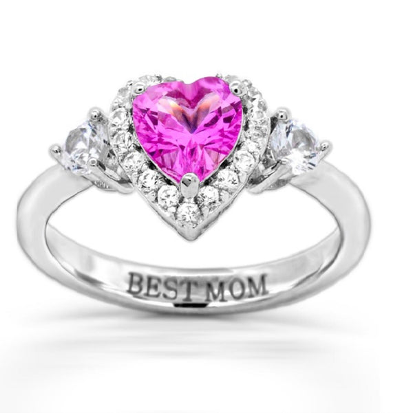 Heart Shape Pink Sapphire and White Sapphire Halo Best Mom Ring in Sterling Silver; Size 7