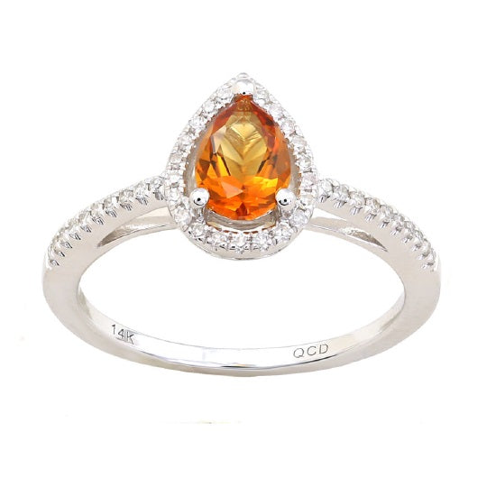 Color Sensations 7X5MM Pear Citrine and Diamond Gem Stone Halo Ring in 14KT White Gold