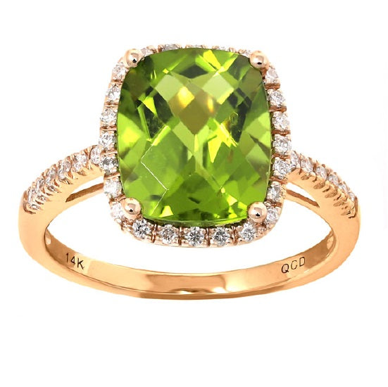 Cushion Peridot and Diamond Halo Ring in 14KT Rose Gold