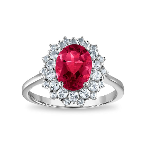 9X7MM Oval Ruby and White Sapphire Halo Ring in Sterling Silver