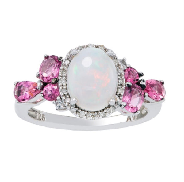 9X7MM Oval Opal and Pink Sapphire Gem Stone Halo Ring in Sterling Silver