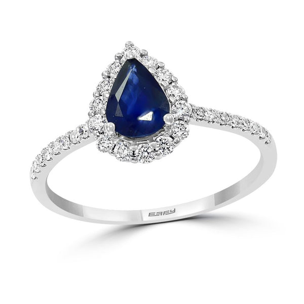EFFY 7X5MM Pear Blue Sapphire and Diamond Gem Stone Halo Engagement Ring in 14KT White Gold