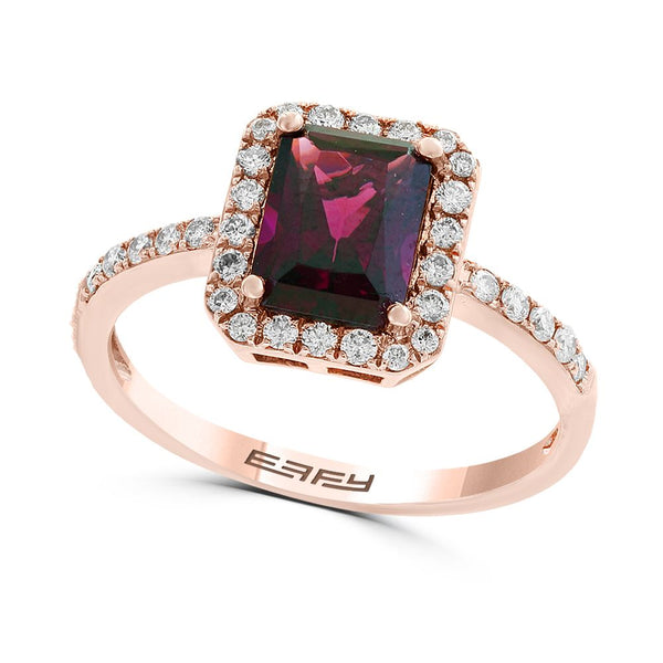 EFFY 8X6MM Emerald Shape Rhodolite Garnet and Diamond Halo Engagement Ring in 14KT Rose Gold
