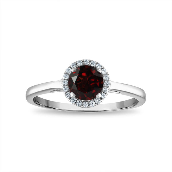6MM Round Garnet and White Sapphire Birthstone Halo Ring in Sterling Silver