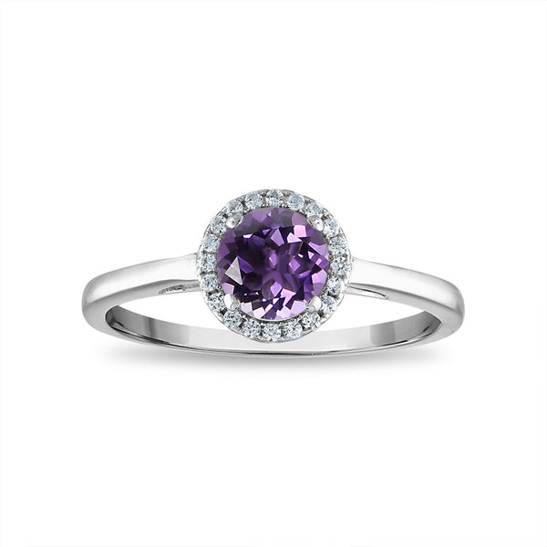 6MM Round Amethyst and White Sapphire Birthstone Halo Ring in Sterling Silver