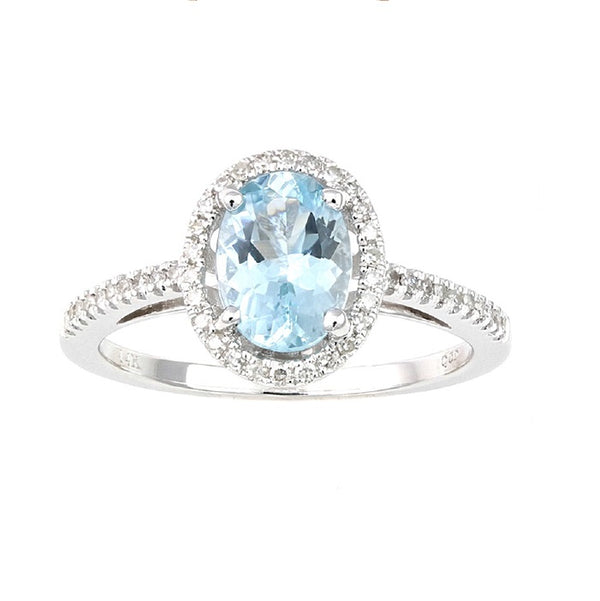 Color Sensations 8X6MM Oval Aquamarine and Diamond Gem Stone Halo Engagement Ring in 14KT White Gold