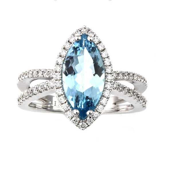 Color Sensations 14X7MM Marquise Aquamarine and Diamond Gem Stone Halo Engagement Ring in 14KT White Gold