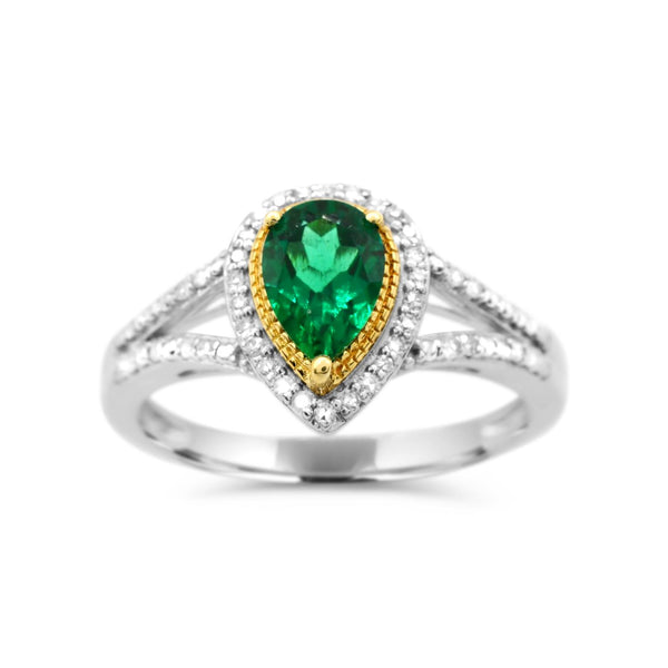 7X5MM Pear Emerald and Diamond Ring in Rhodium Plated Sterling Silver