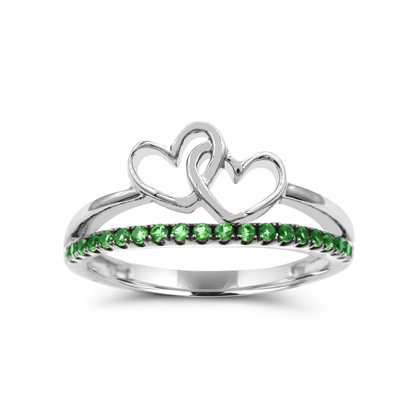 Round Emerald Double Heart Promise Ring in Sterling Silver