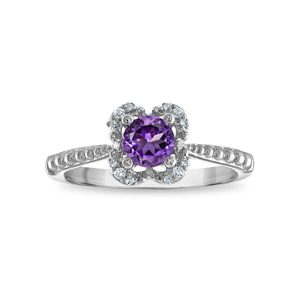 5MM Round Amethyst and White Sapphire Birthstone Flower Halo Ring in Sterling Silver