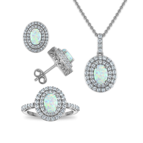 Oval Opal and White Sapphire Halo 18" Pendant in Rhodium Plated Sterling Silver