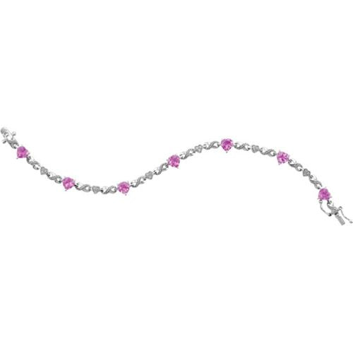 Pink Sapphire Heart Tennis 7" Bracelet in Sterling Silver