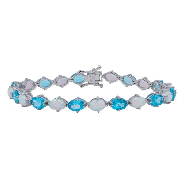 7X5MM Oval Opal and Blue Topaz Tennis 7.25" Bracelet in Sterling Silver