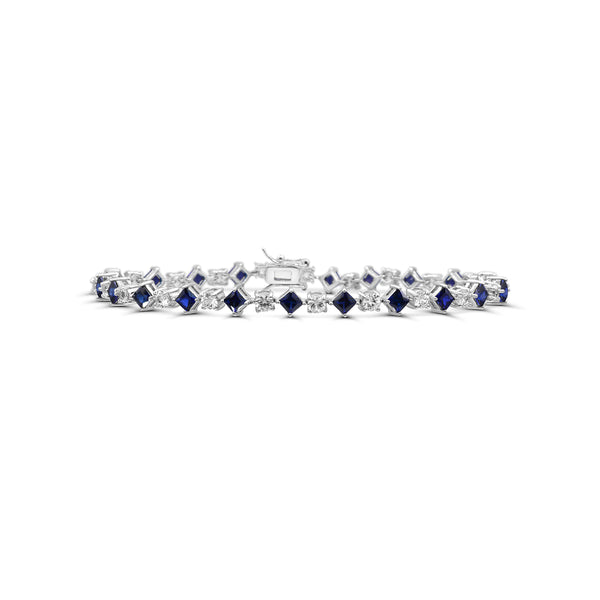 3MM Square Blue Sapphire and White Sapphire Tennis 7" Bracelet in Rhodium Plated Sterling Silver