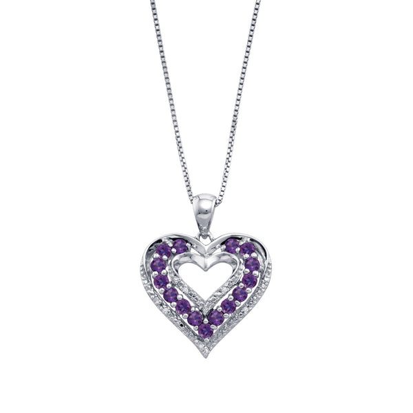 Round Amethyst and Amethyst Heart 18" Pendant in Sterling Silver
