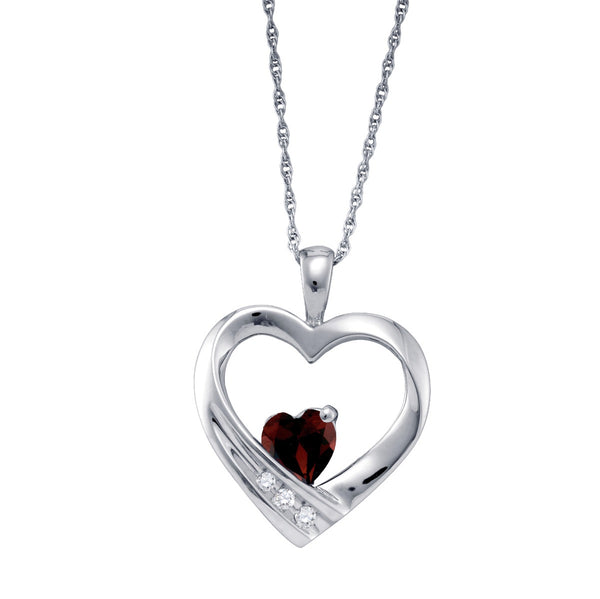 Heart Shape Garnet and Diamond Birthstone 18" Pendant in Sterling Silver