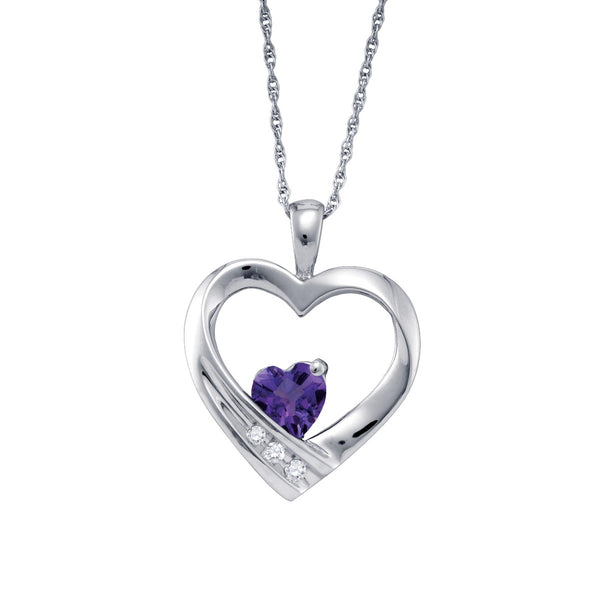 Heart Shape Amethyst and Diamond Birthstone 18" Pendant in Sterling Silver