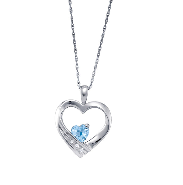 Aquamarine and Diamond Birthstone Heart 18" Pendant in Sterling Silver