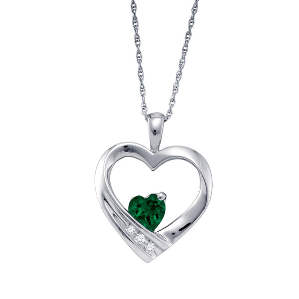 Created Emerald and Diamond 18" Heart Pendant in Sterling Silver