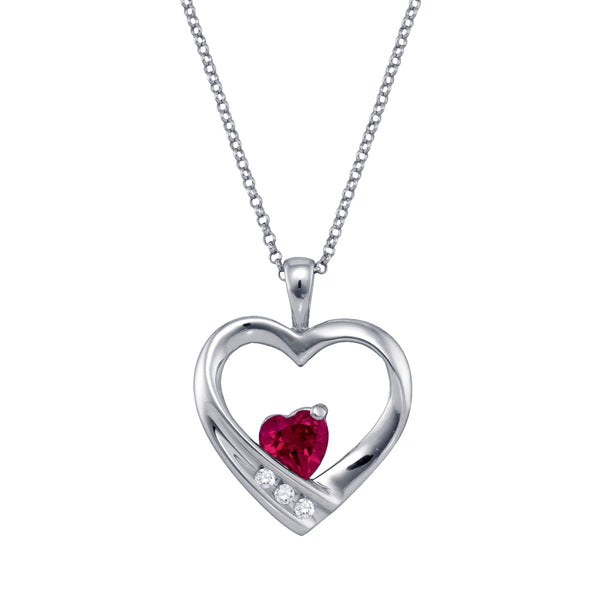 Heart Shape Ruby and Diamond Birthstone 18" Pendant in Sterling Silver