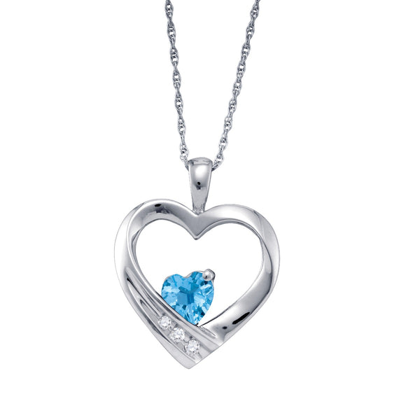 Heart Shape Blue Topaz and Diamond Birthstone 18" Pendant in Sterling Silver