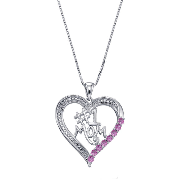 Pink Sapphire Heart Mom 18" Pendant in Sterling Silver