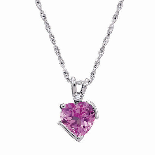 7MM Heart Shape Pink Sapphire and Diamond Birthstone 18" Pendant in Sterling Silver
