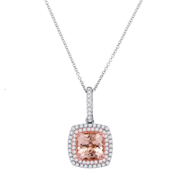 7MM Cushion Morganite and Diamond Halo 18" Pendant in 14KT White and Rose Gold