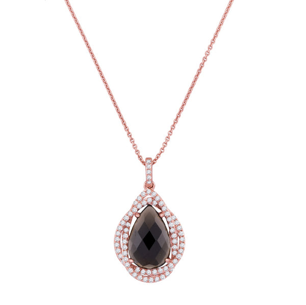 Pear Smokey Quartz and Diamond Fashion 18" Pendant in 14KT Rose Gold