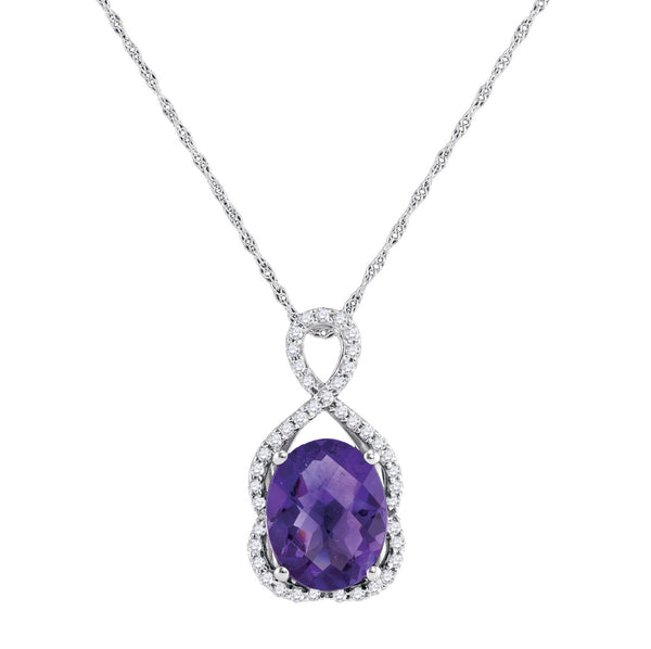10X8MM Oval Amethyst and Diamond 18" Pendant in 10KT White Gold
