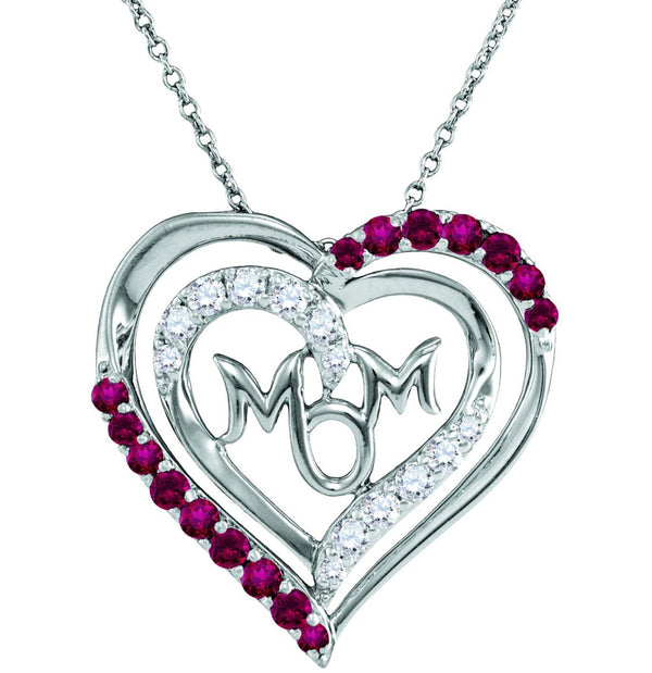 Ruby and White Sapphire Heart Mom 18" Pendant in Sterling Silver