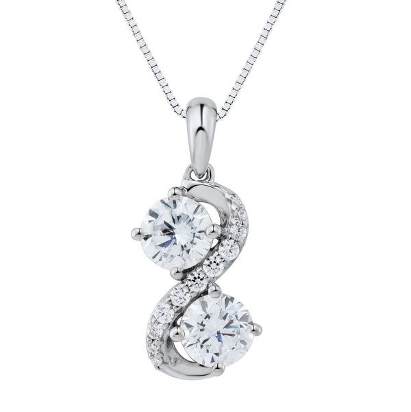 Round White Sapphire Two Stone 18" Pendant in Sterling Silver