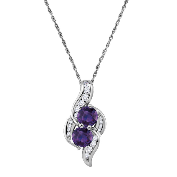 Round Amethyst and White Sapphire Two Stone 18" Pendant in Sterling Silver