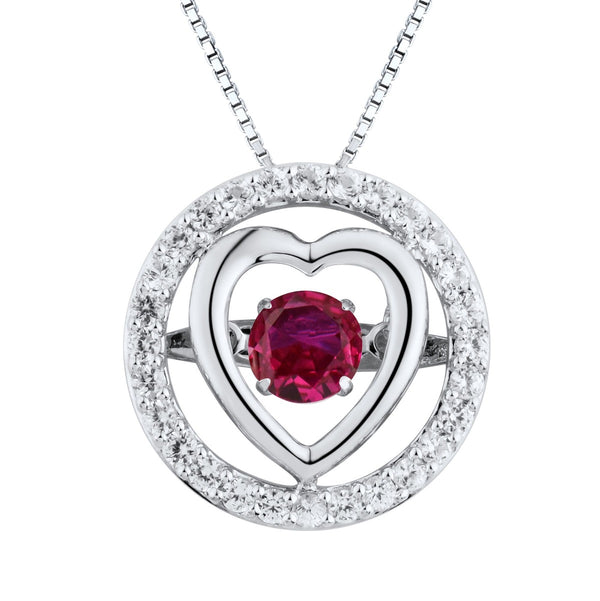 Round Ruby and White Sapphire Heart 18" Pendant in Sterling Silver