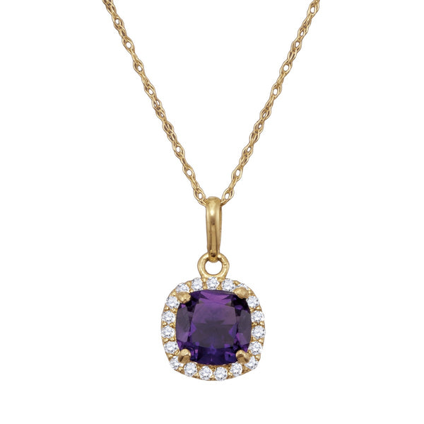 6MM Cushion Amethyst and White Sapphire Birthstone 18" Pendant in 10KT Yellow Gold