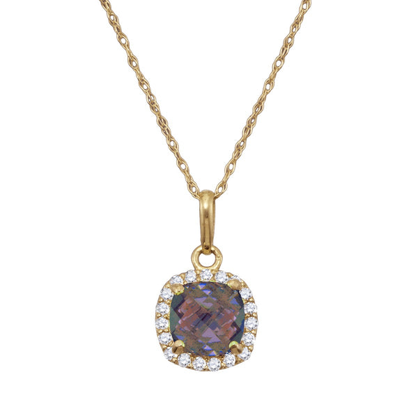 6MM Cushion Alexandrite and White Sapphire Birthstone Halo 18" Pendant in 10KT Yellow Gold