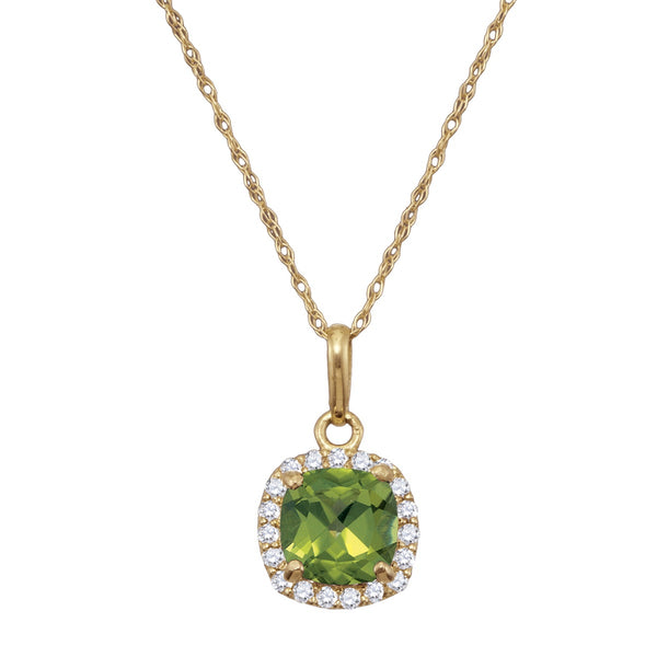 6MM Cushion Peridot and White Sapphire Birthstone 18" Pendant in 10KT Yellow Gold