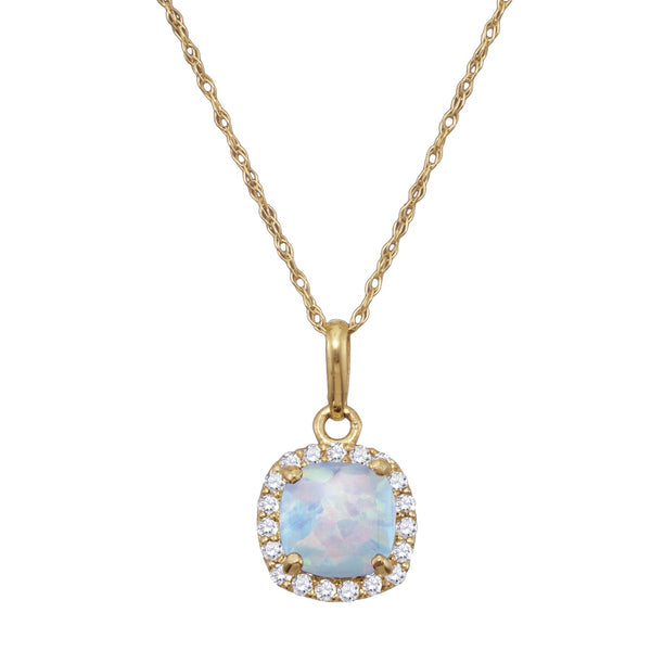 6MM Cushion Opal and White Sapphire Birthstone Halo 18" Pendant in 10KT Yellow Gold