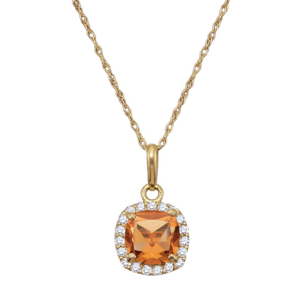 6MM Cushion Citrine and White Sapphire Birthstone Halo 18" Pendant in 10KT Yellow Gold
