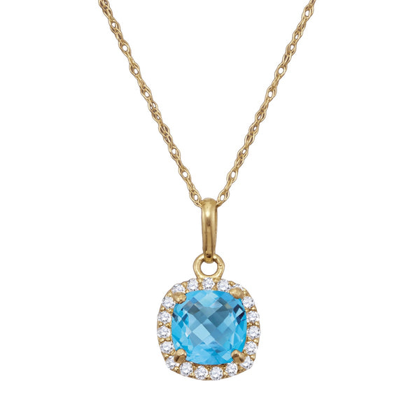 6MM Cushion Blue Topaz and White Sapphire Birthstone Halo 18" Pendant in 10KT Yellow Gold