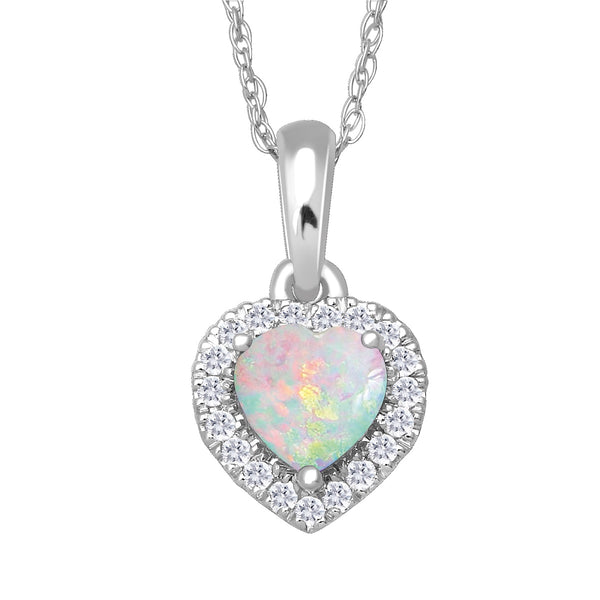 5MM Heart Shape Opal and White Sapphire Birthstone Halo 18" Pendant in 10KT White Gold