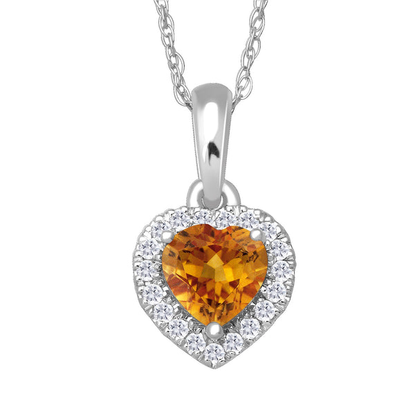 5MM Heart Shape Citrine and White Sapphire Birthstone Halo 18" Pendant in 10KT White Gold
