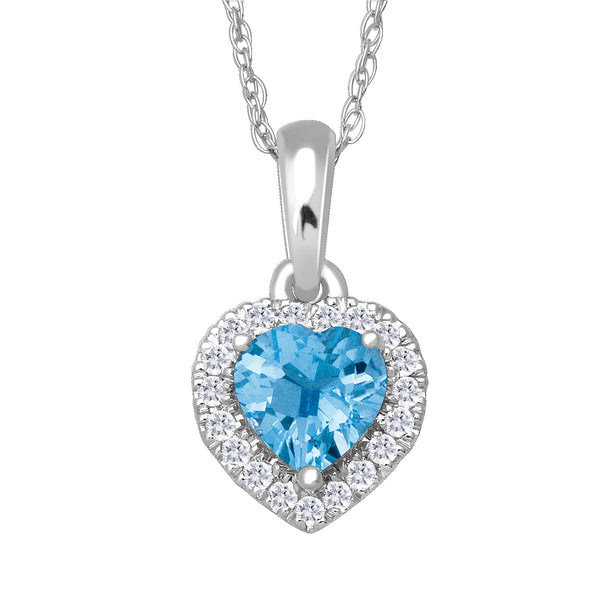 5MM Heart Shape Blue Topaz and White Sapphire Birthstone Halo 18" Pendant in 10KT White Gold