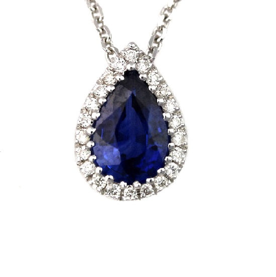 6X4MM Pear Blue Sapphire and Diamond Halo 18" Pendant in 14KT White Gold