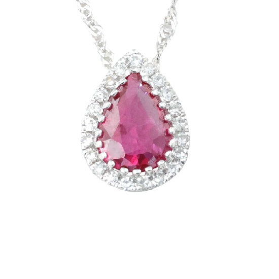 7X5MM Pear Ruby and Diamond 18" Pendant in 14KT White Gold