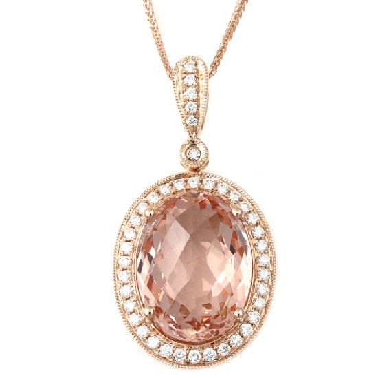 16X12MM Oval Morganite and Diamond Halo 18" Pendant in 14KT Rose Gold
