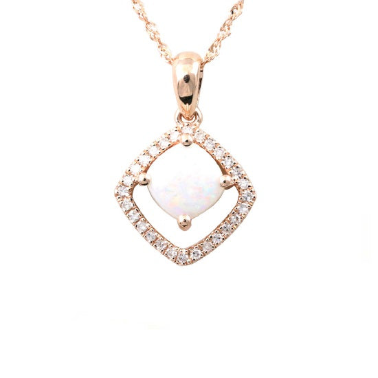 6MM Cushion Opal and Diamond 18" Pendant in 14KT Rose Gold