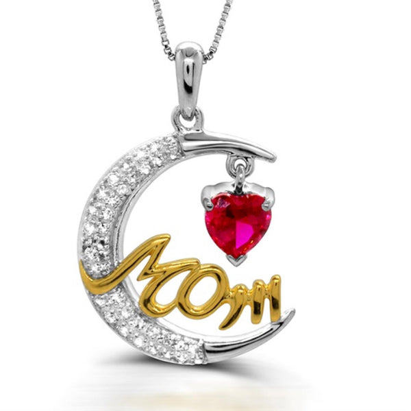 Heart Shape Ruby and White Sapphire Mom 18" Pendant in Sterling Silver