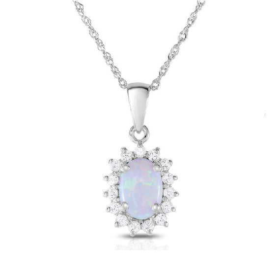 7X5MM Oval Opal and White Topaz Halo 18" Pendant in 10KT White Gold